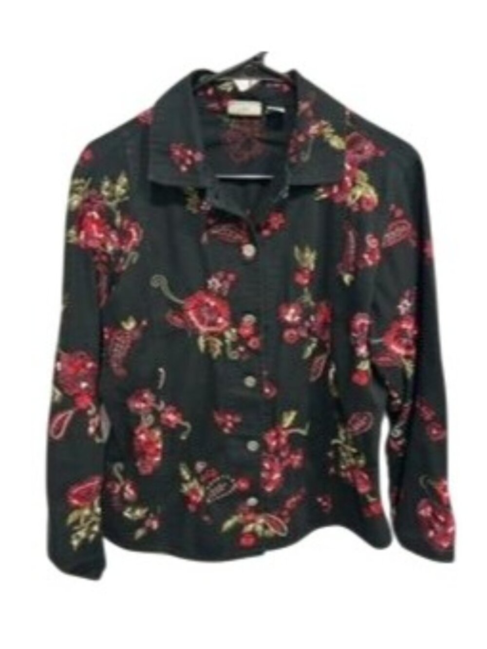 Chicos Medium Floral Embroidered Button Up Shirt Black Red Cotton Blend Floral